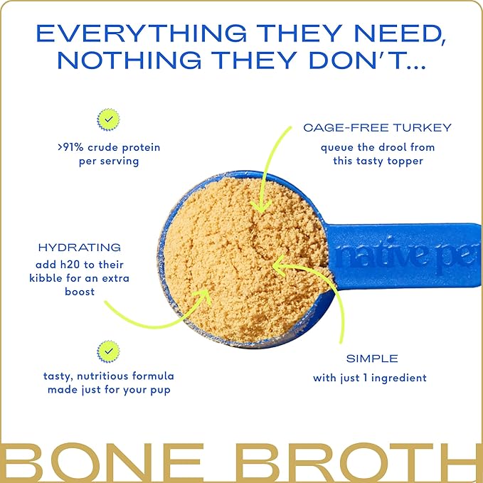 Native Pet Bone Broth for Dogs and Cats - Turkey Bone Broth Powder Dog Food Toppers for Picky Eaters - Provides Extra Nutrition for Joint Strength, Immune Support &amp; Heart Health - 192 Scoops
