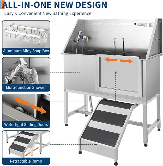 Stainless Steel Dog Washing Station - Dog Bath Tub for Large, Medium, Small Dogs, Pet Grooming Tub with Ramp, Non-Slip Grate, Shower, Soap Box, Faucet, Drain for Home &amp; Outdoor （Right RAMP, 60"）