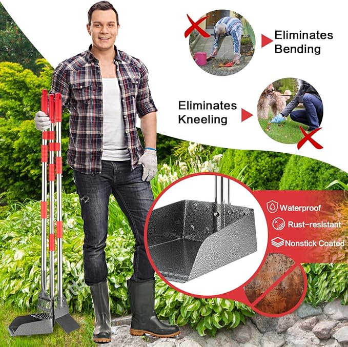 Pooper Scooper, Long Handle Dog Pooper Scooper, Heavy Duty Stainless Steel Rake with Tray &amp; Spade Set for Pet Waste Removal, for Grass, Dirt or Gravel
