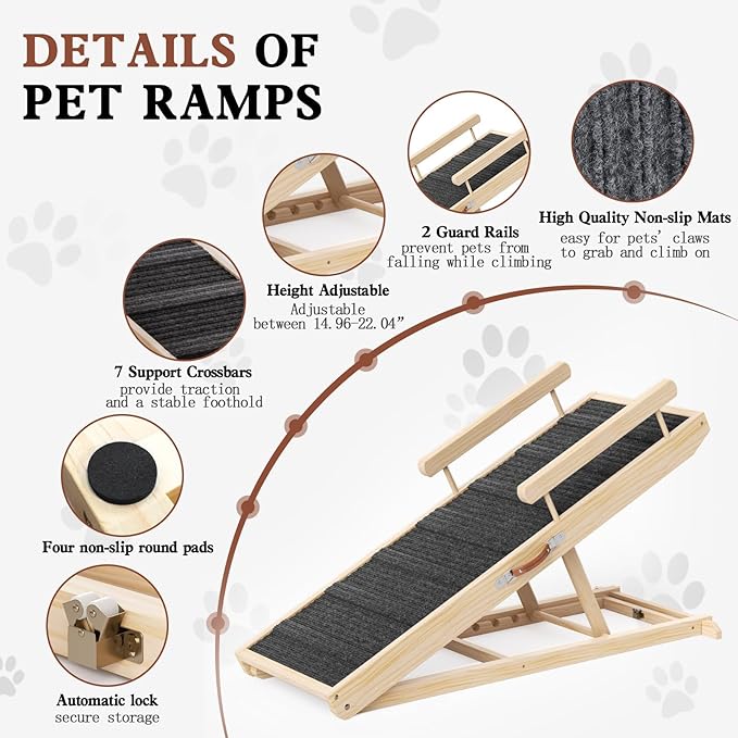 Dog Ramp for Bed, Couch, Car, Folding Pet Ramps 44.48" Long Adjustable 15"-22" Wooden Stairs with High Traction Mat &amp; Safety Side Rails for Small &amp; Medium Old Dogs &amp; Cats, up to 200 lbs