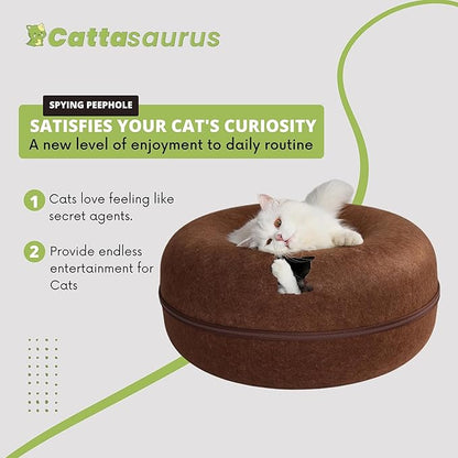 Cattasaurus Peekaboo Cat Cave for Multiple &amp; Large Cats Up to 30-45 Lbs, Scratch Detachable &amp; Washable Tunnel Bed, Comfy Donut Cat Cave (Brown, Large)