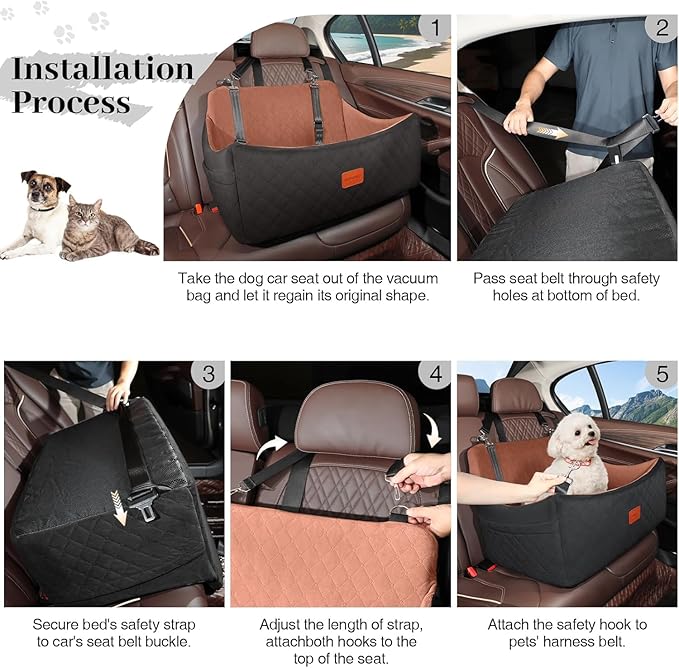 Dog Car Seat for Medium &amp; Large Dogs Up to 55lbs, Memory Foam Cushion, Washable Cover, Safety Straps &amp; Non-Slip Bottom(Black/Brown,Large)