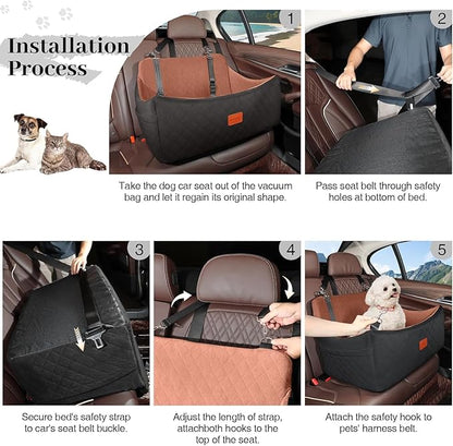 Dog Car Seat for Medium &amp; Large Dogs Up to 55lbs, Memory Foam Cushion, Washable Cover, Safety Straps &amp; Non-Slip Bottom(Black/Brown,Large)