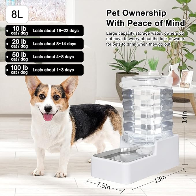 Dog Cat Water Dispenser: 8L White Upgraded Gravity Feeder with Stainless Steel Bowl - BPA-Free Large Capacity for Medium/Large Pets - Indoor &amp; Outdoor Use