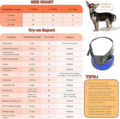 YUDODO Pet Sling Carrier for Small Dogs &amp; Cats – Hands-Free Puppy Carrier with Safety Hook, Large Zipper Pocket, Soft Breathable Mesh, Adjustable Strap &amp; Reflective Strip (Blue 1.0 L)