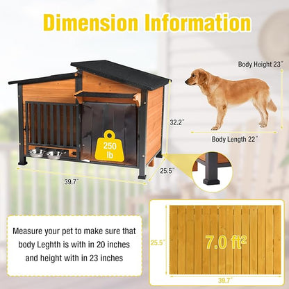 Chew-Resistant Dog House with Metal Frame, Wooden Kennel for Indoor &amp; Outdoor Use, Waterproof Roof &amp; Feeding Bowls Included (Wood, L)