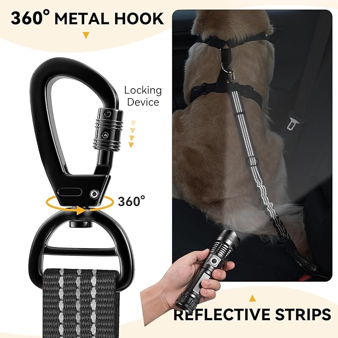 Pawaboo Dog Seatbelt for Car, 3-in-1 Dog Seat Belt Bungee, Shockproof Dogs Tether for Car with Buckle &amp; Hook Latch, Adjustable Reflective Dogs Cars Harness Leash with 360° Lockable Buckle, Black