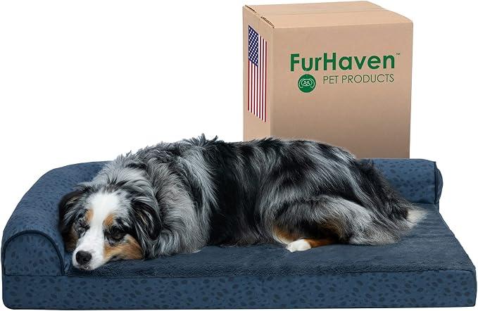 Furhaven Cooling Gel Dog Bed for Large/Medium Dogs w/ Removable Bolsters &amp; Washable Cover, For Dogs Up to 55 lbs - Plush &amp; Almond Print L Shaped Chaise - Blue Almonds, Large