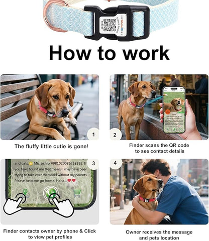 Dog Collar with Waterproof AirTag Holder &amp; Anti-Lost QR Code, Cute Bling Warpping Adjustable Width for Small Medium Large Pet (Light Blue, M)