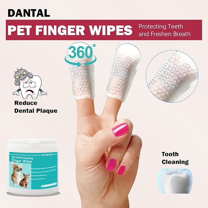 Pet Tooth Cleaning Finger Wipes (50Pcs),Dog Teeth Cleaning Wipes,Dog Dental Cleaning Finger Sleeves,Reduces Plaque &amp; Freshens Breath,Freshens Breath, Safe and Natural