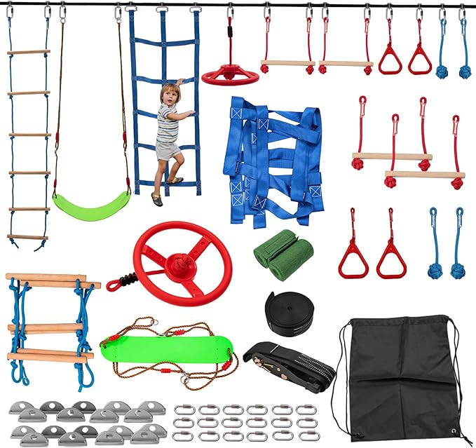 Slsy 60FT Ninja Warrior Obstacle Course (10 Obstacles), Ninja Slackline Kit for Kids, Durable Playset Equipment with 10 Complete Set-Monkey Bar,Swing, Climbing Ladder &amp; Net