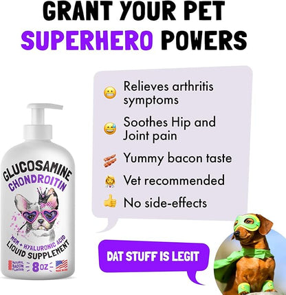 Liquid Glucosamine for Dogs Bacon Flavour with Chondroitin, MSM &amp; Hyaluronic Acid K9 Supplement Hip and Joint Formula Advanced Mobility Joint Pain Relief Senior Advanced Supplement for All Breeds