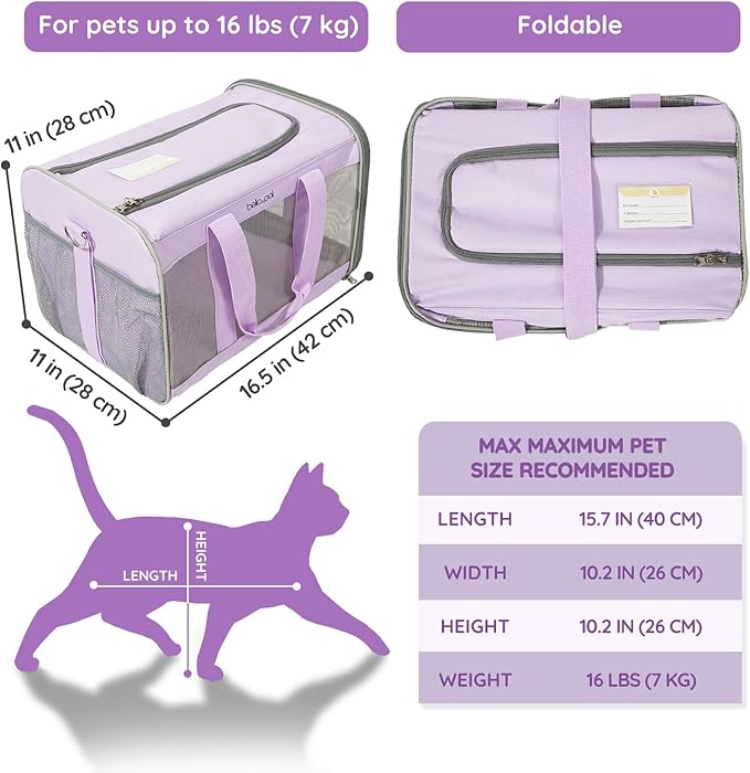 BELLA &amp; PAL Cat Carrier Travel Bag, Airline Approved Lightweight Cat Carrier, Soft Sided Pet Carrier for Puppy Dogs Up to 18lbs, Collapsible Kitten Bag with Removable Waterproof Mat, Ventilated Mesh
