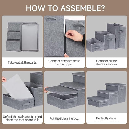 Pet Stairs with Storage, Pet Step for Small Dogs and Cats, 3-Step Folding Pet Steps with Zip, Cat Stairs Dog Steps for Bed, Couch and Car Ramp (Gray, 3 Steps no Condo)