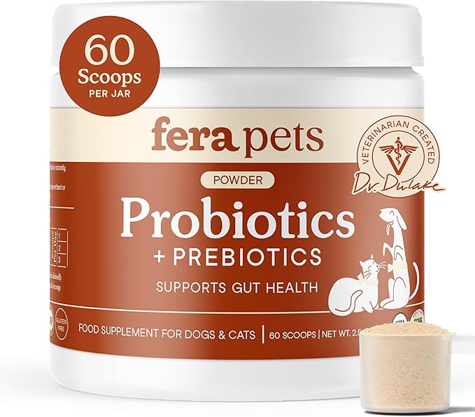 Fera Pets Probiotics for Dogs &amp; Cats with Prebiotics - USDA Organic - Gut Health Powder Supplement with 12 Strains and 5 Billion CFUs - Supports Immunity, Energy and Skin &amp; Coat - 60 Scoops