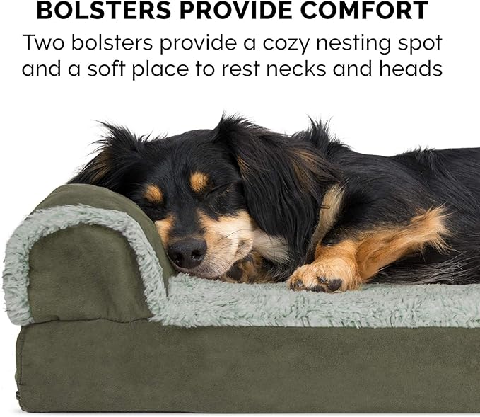 Furhaven Cooling Gel Dog Bed for Large/Medium Dogs w/ Removable Bolsters &amp; Washable Cover, For Dogs Up to 55 lbs - Two-Tone Plush Faux Fur &amp; Suede L Shaped Chaise - Dark Sage, Large