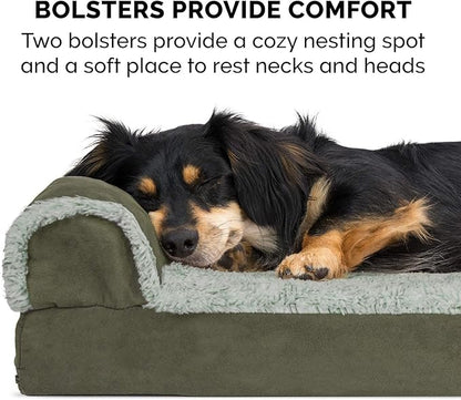 Furhaven Cooling Gel Dog Bed for Medium/Small Dogs w/ Removable Bolsters &amp; Washable Cover, For Dogs Up to 35 lbs - Two-Tone Plush Faux Fur &amp; Suede L Shaped Chaise - Dark Sage, Medium