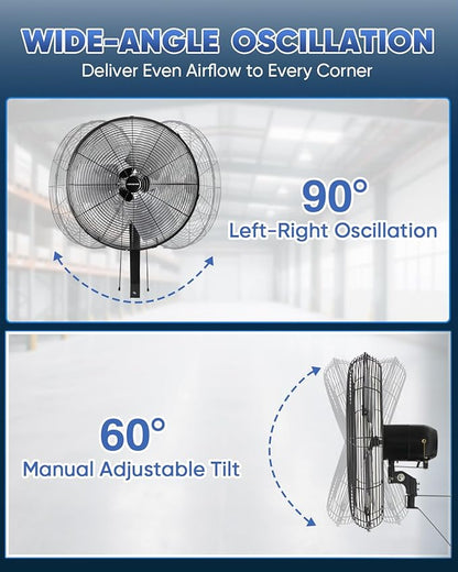 KEN BROWN 20 Inch Industrial Oscillating Wall Mount Fan 5500CFM,Heavy Duty,High Velocity,3- Speed,Black