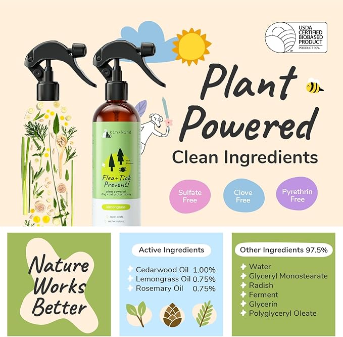 kin+kind Plant-Based Flea &amp; Tick Spray for Dogs and Cats with Lemongrass - Essential for Flea &amp; Tick Treatment - Flea Spray for Dogs and Cats - Pet Supplies 12 fl oz