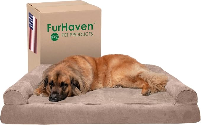 Furhaven Orthopedic Dog Bed for Large Dogs w/ Removable Bolsters &amp; Washable Cover, For Dogs Up to 125 lbs - Plush &amp; Suede Sofa - Almondine, Jumbo Plus/XXL