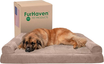 Furhaven Orthopedic Dog Bed for Large Dogs w/ Removable Bolsters &amp; Washable Cover, For Dogs Up to 125 lbs - Plush &amp; Suede Sofa - Almondine, Jumbo Plus/XXL