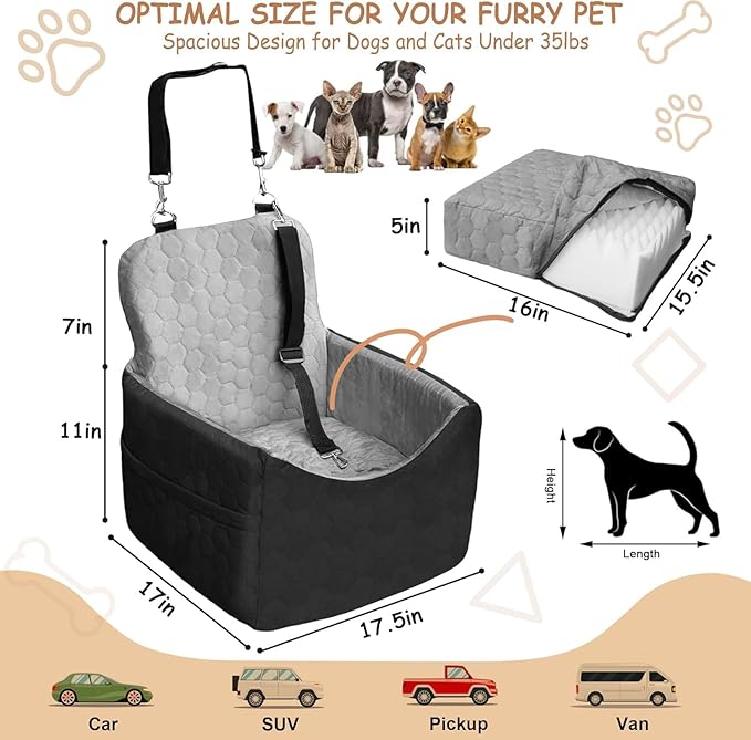 Dog Car Seat for Small/Medium Dogs - Dog Booster Seat with Safety Straps &amp; Non-Slip Base, Travel Pet Car Seat with Storage Pockets, Washable &amp; Removable, Suitable for Dogs Under 35 lbs (Black&amp;Gray)