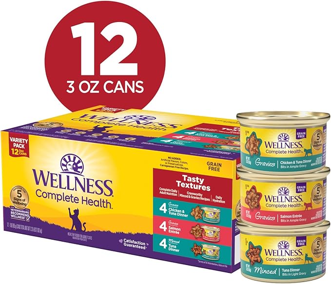 Wellness Complete Health Gravy &amp; Minced Adult Wet Cat Food, Natural, Protein-Rich, Grain Free, 3 Ounce, 12 Pack, (Salmon, Tuna, and Chicken Variety Pack)
