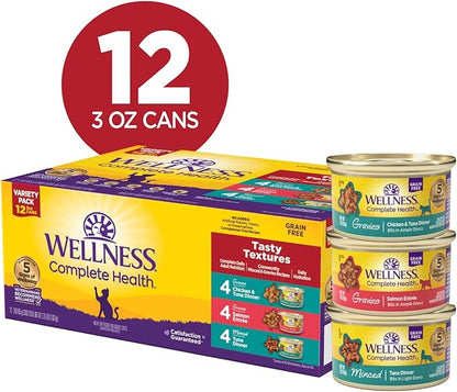 Wellness Complete Health Gravy &amp; Minced Adult Wet Cat Food, Natural, Protein-Rich, Grain Free, 3 Ounce, 12 Pack, (Salmon, Tuna, and Chicken Variety Pack)