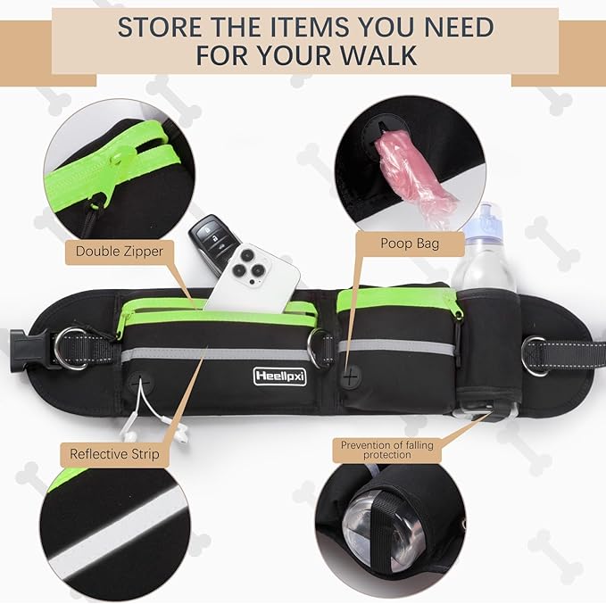 Hands-Free Waist Leash with Pouch for Two Dogs: Reflective Stitching, Dual Handle &amp; Bungee Retractable Design – Ideal for Medium to Large Dogs (Green) – Dog Walking Accessories