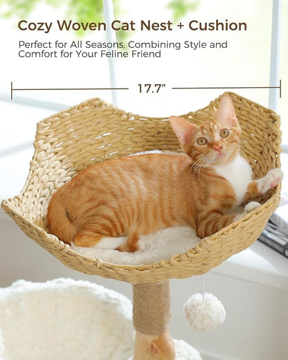 Modern Cat Tree for Large Cats, Wood Cat Tower for Indoor Cats, Real Branch Luxury Cat Furniture with Super Large Cozy Condo and Hammock &amp; Scratching Post, Top Basket, White
