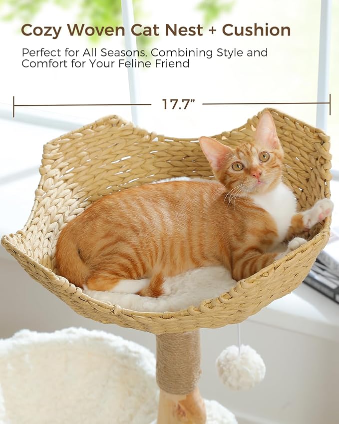 Modern Cat Tree for Large Cats, Wood Cat Tower for Indoor Cats, Real Branch Luxury Cat Furniture with Super Large Cozy Condo and Hammock &amp; Scratching Post, Top Basket, White