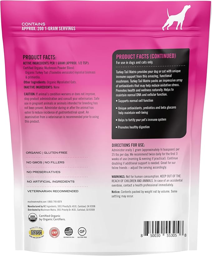 Om Mushroom Matrix Turkey Tail Mushroom Pet Supplement Powder, Provides Immunity Support &amp; Holistic Defense for Dogs &amp; Cats, 200 Grams, 7.1 oz
