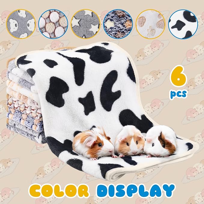 6 Pcs Guinea Pig Bedding Cage Liners Small Animal Flannel Blankets Sleep Mat Absorbent Reusable Pet Pee Bedding Pad Cover for Hamster Ferret Chinchilla Rabbit Hedgehog (16 x 24 Inch, Multi)