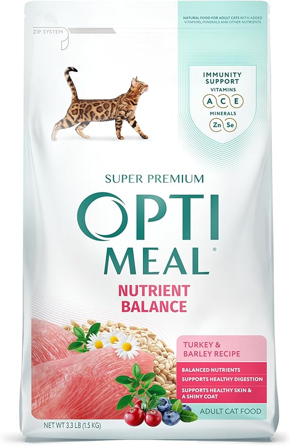 Optimeal Natural Dry Cat Food for Adult Cats - Proudly Ukrainian - Tasty and Nutritional Cat Food Dry Recipe with Immunity Support for Healthy Felines (3.3 lbs, Turkey &amp; Barley)