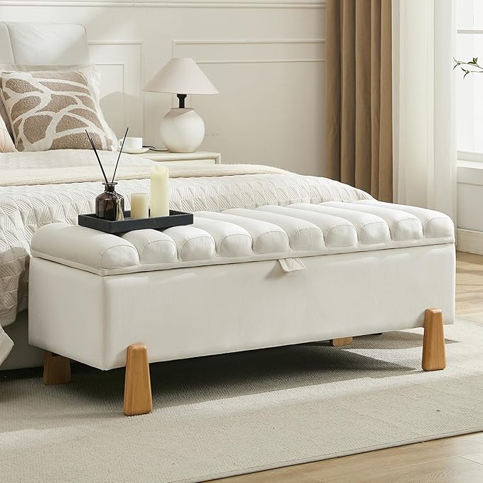 Storage Ottoman Bench for Bedroom Small Spaces 48.6 Inch with Hinged Lid Solid Wood Tapered Legs Tufted Upholstered Fabric for Living Room &amp; Bedroom, Beige