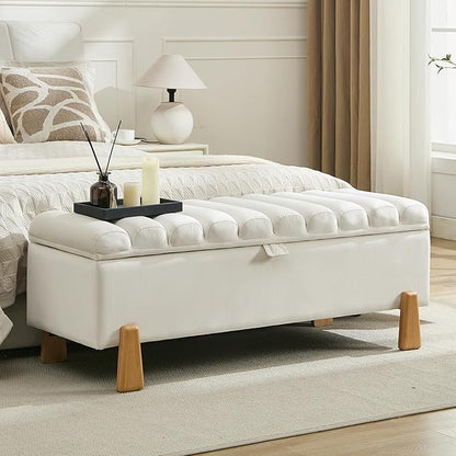 Storage Ottoman Bench for Bedroom Small Spaces 48.6 Inch with Hinged Lid Solid Wood Tapered Legs Tufted Upholstered Fabric for Living Room &amp; Bedroom, Beige