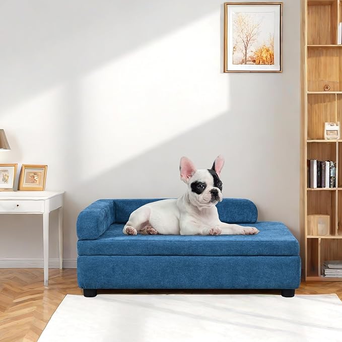 AFBKSS&amp;BB Pet Sofa with Hidden Storage for Puppy and Cat,Linen Fabric Dog Sofa,Cat Couch with Wooden Frame (Blue)