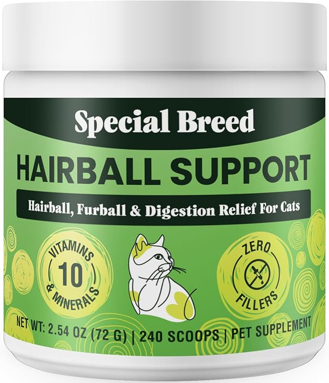 Hairball Support for Cats - 10 Super Ingredients for Hairball Relief, Digestive Support &amp; Healthy Skin - No Fillers - Psyllium, Pumpkin, Omega-3s &amp; More - 240 Scoops