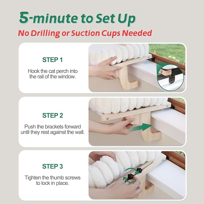 SnugCloud Cat Window Perch with 4-Sided Bolster - Orthopedic Cat Hammock for Window Sill - Solid Hardwood &amp; Metal Frame - Window Seat for Pets (Natural Color Wood w/Gray Bed, Large)