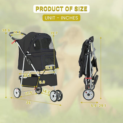 Pet Stroller Dog Stroller Portable Travel 3 Wheel Foldable Cat Stroller with Storage Basket and Cup Holder for Small and Medium Cats,Dogs,Puppy,Black
