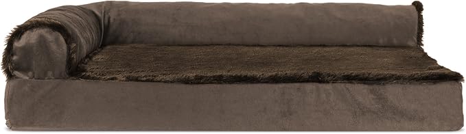 Furhaven Cooling Gel Dog Bed for Medium/Small Dogs w/ Removable Bolsters &amp; Washable Cover, For Dogs Up to 35 lbs - Plush &amp; Velvet L Shaped Chaise - Sable Brown, Medium