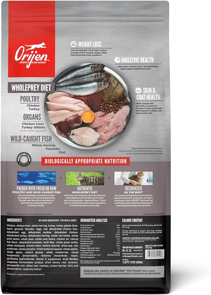 ORIJEN Fit &amp; Trim Grain Free High Protein Premium Dry Cat Food 7lb Bag