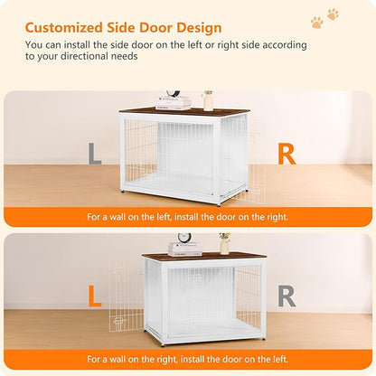 DWANTON Dog Crate Furniture with Cushion, Wooden Kennel Table with Double Doors, Indoor Dog House, Large Size, 38.5" L, White+Rustic Brown