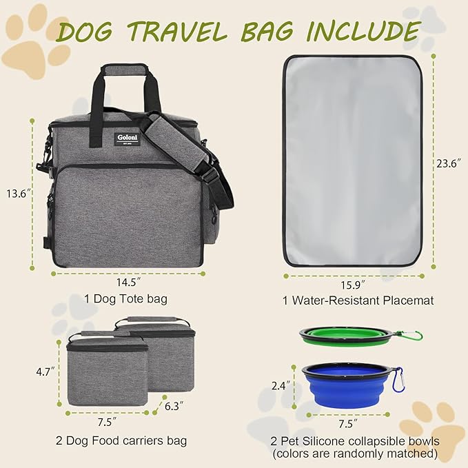Dog Travel Bag Airline Approved–Pet Travel Tote with Collapsible Bowls,Food Containers &amp; Feeding Mat–Multi-Pocket Organizer for Dogs &amp; Cats, Durable &amp; Water-Resistant for Hiking,Trips,Outdoors