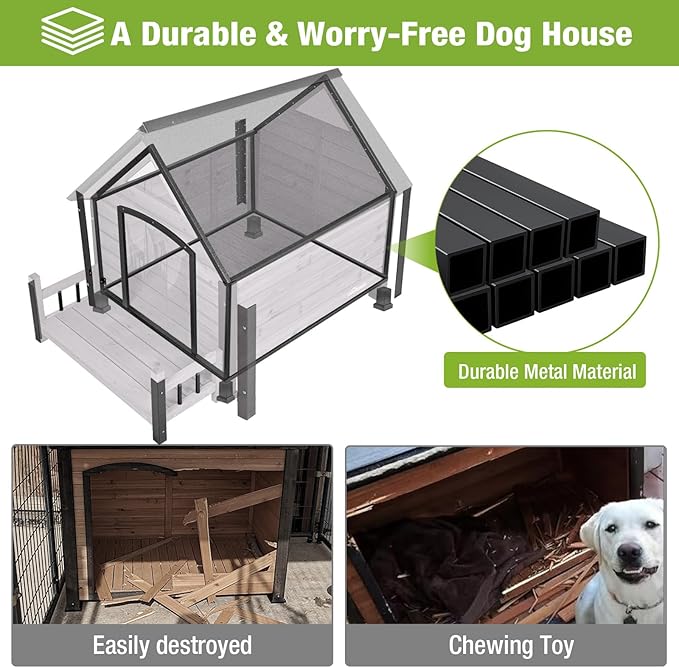 Metal Frame Dog House with Insulated Liner for Indoor &amp; Outdoor Use - Large Dog Kennel with Weatherproof Roof &amp; Foot Pads for Small, Medium &amp; Large Dogs(Grey)