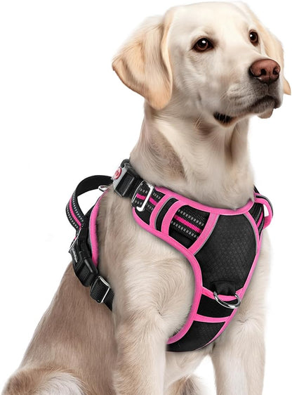 rabbitgoo Dog Harness for Large Dogs, No Pull Pet Vest with 3 Buckles, Adjustable Soft Padded Pet Harness with Easy Control Handle and Reflective Strips, Black &amp; Rose Pink, L