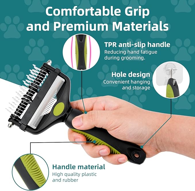3-IN-1 Pet Grooming Tool - Undercoat Rake, Dematting Comb &amp; Deshedding Brush for Cats &amp; Dogs - Removes Mats, Tangles &amp; Loose Fur, Reduces Shedding &amp; Prevents Hair Mess (Green)