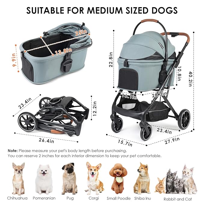 T6 Luxury Pet Stroller for Medium Dogs Up to 66lbs or 2 Small Pets – 3-in-1 Dog &amp; Cat Stroller with Removable Carrier, Foldable &amp; Lightweight (Green)