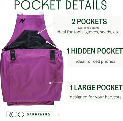 Roo Gardening Apron with Pockets &amp; Harvesting, Picking Pouch - Adjustable, Water-resistant, Washable Canvas Cotton