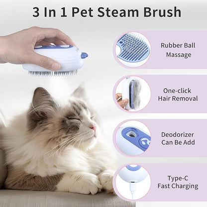 Cat Steam Brush, 3-in-1 Pet Steam Brush for Cats Shedding &amp; Grooming, Brushes for Indoor Cats, Anti-Static Hair Removal Comb with Water Tank, Gentle Grooming Supplies for Long &amp; Short Hair